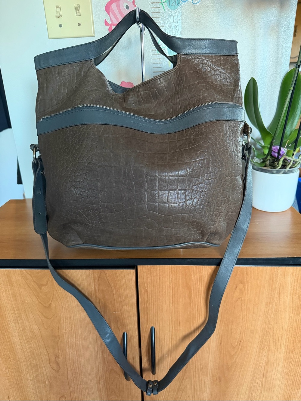 Furla Brown Croc-Embossed Crossbody /handbag Bag with Gray Trim